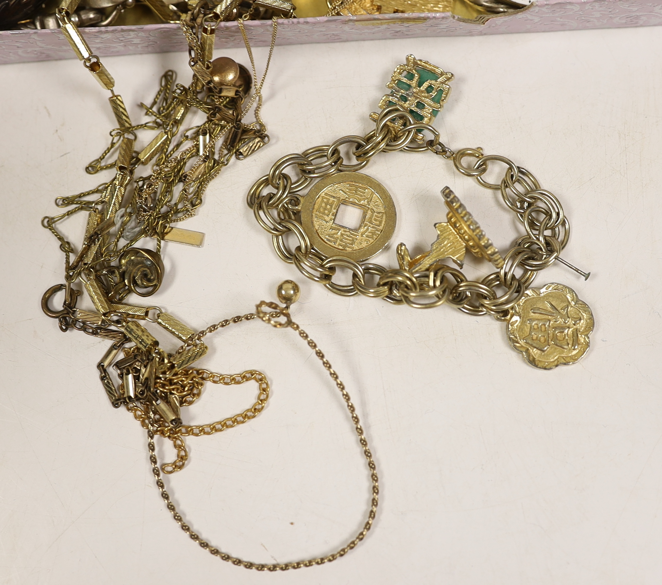 A quantity of assorted mainly costume jewellery and other items including a silver hinged bangle, pair of 925 drop earrings, 925 bracelet, pocket watch movements, etc.